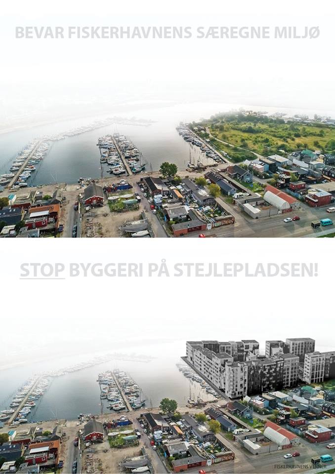 To billeder af Fiskerhavnen - et aktuelt og et med massivt byggeri på Stejlepladsen